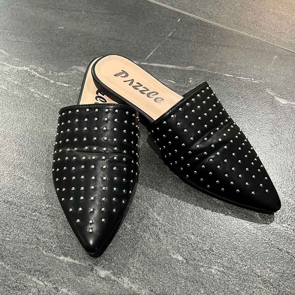 Black mules with gold studs, size 7 1/2
